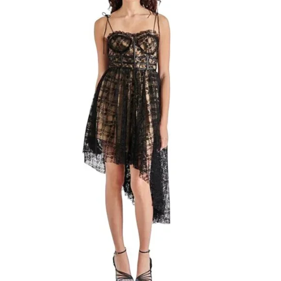 Steve Madden Black Lace Hi-Low Midi Dress with Nude Lining XS NWT Retail $129 - Picture 3 of 16